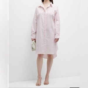 $244 HARSHMAN Willow Stripe Long Sleeve  Cotton/Linen Shirtdress White/Rose Pink